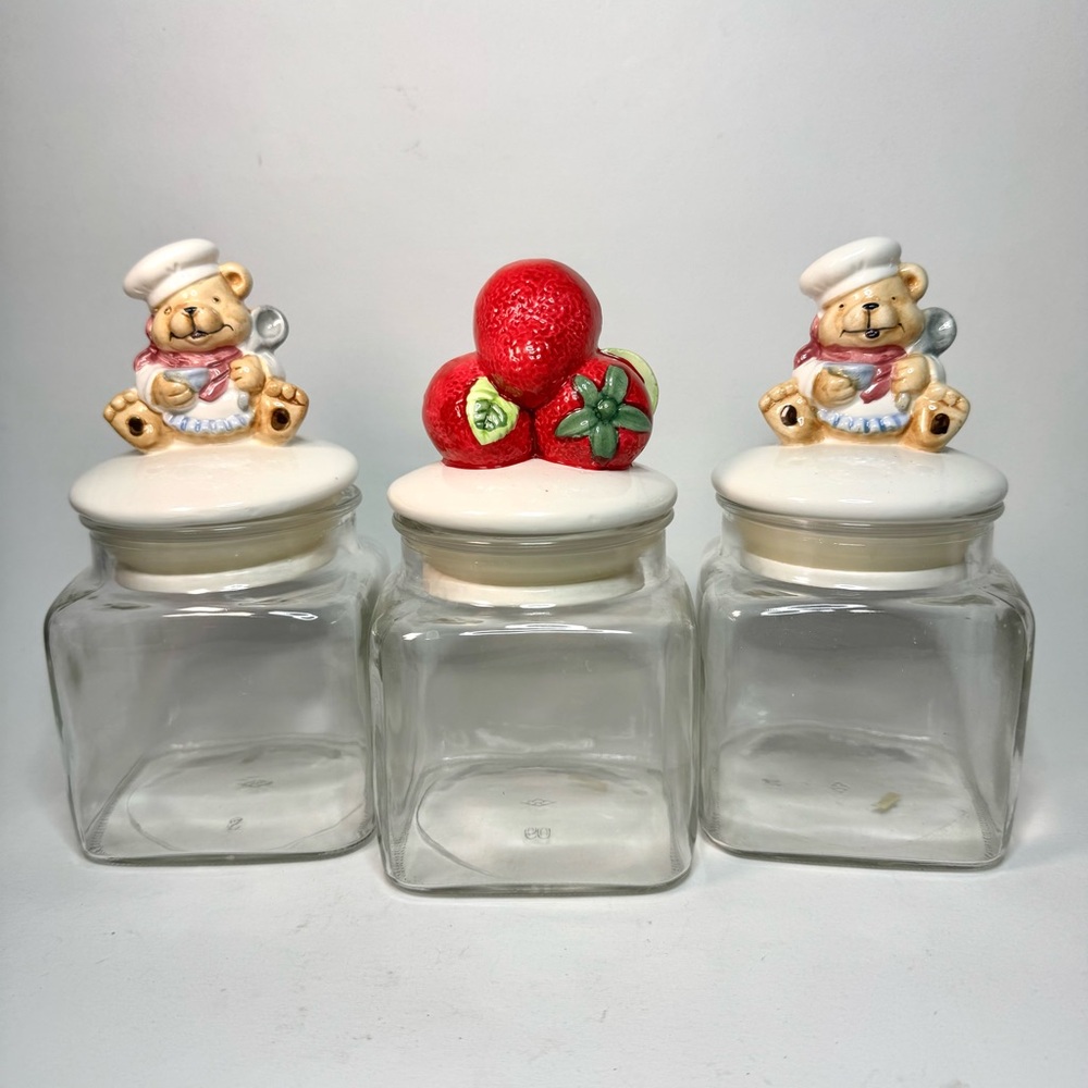 1980s Kitchen Canister Set – Teddy Bear & Strawberry Lids – Set of 3